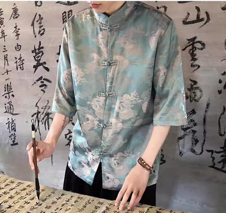 メンズの中国水墨柄アイスシルク半袖シャツ