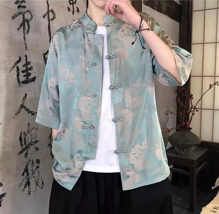 メンズのチャイナ風アイスシルク半袖シャツ