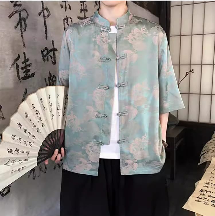 男性用のチャイナ風アイスシルク半袖シャツ