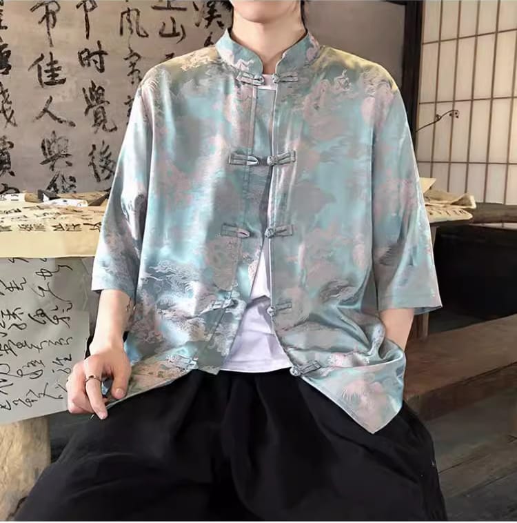 男性用の中国水墨柄アイスシルク半袖シャツ