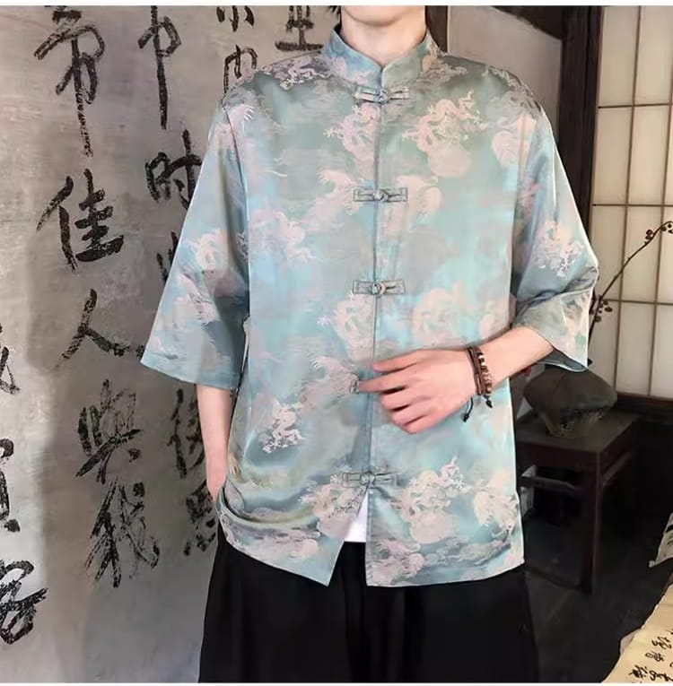 男性用の中華風アイスシルク半袖シャツ