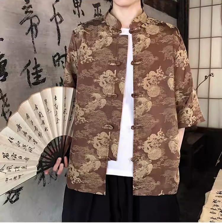 メンズのチャイナ風アイスシルク半袖シャツ