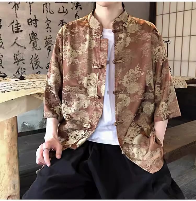 メンズのチャイナ風ドラゴン柄半袖シャツ