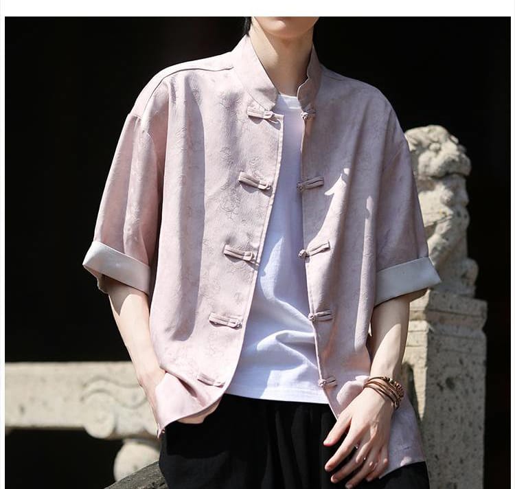 メンズの中国水墨柄アイスシルク半袖シャツ