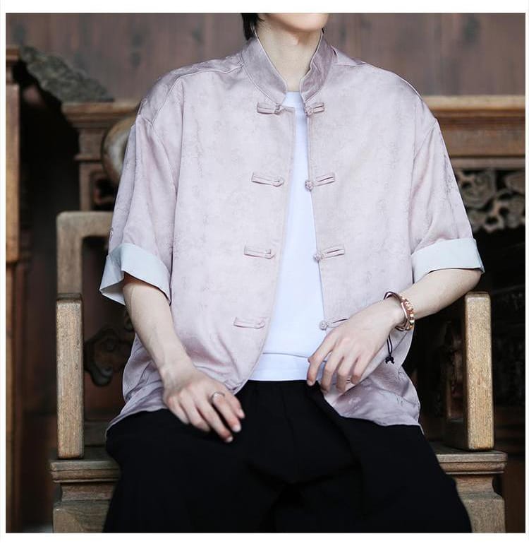メンズのチャイナ風アイスシルク半袖シャツ
