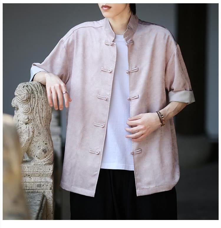 メンズのチャイナ風アイスシルク半袖シャツ