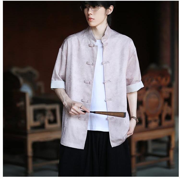 メンズのチャイナ風タイル柄半袖シャツ