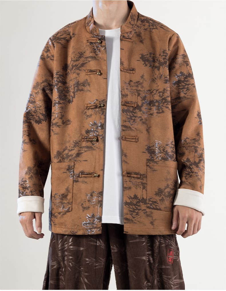 メンズの中国水墨柄スウェードジャケット