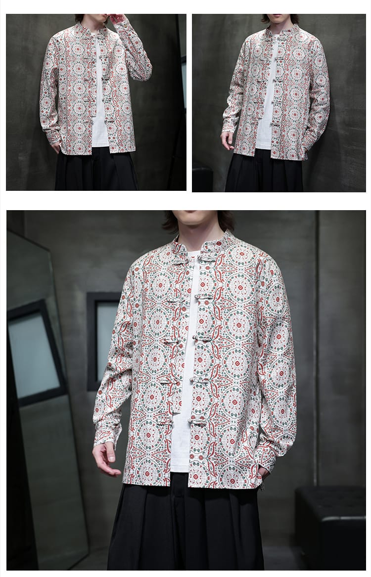 メンズの花柄プリントチャイナシャツ