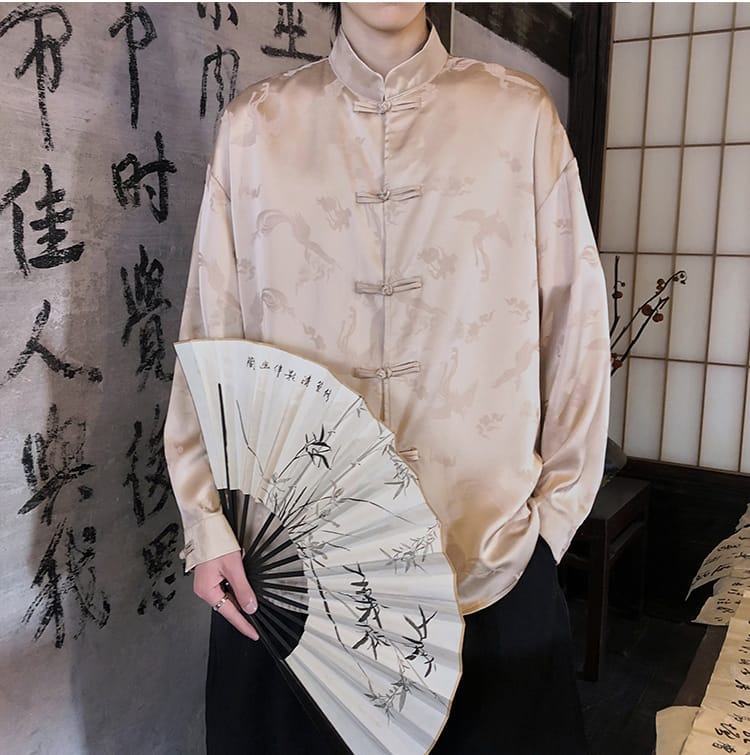 男性用のチャイナ風プリントシャツ