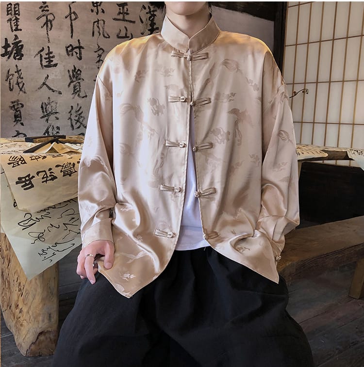 男性用のチャイナ風カジュアルプリントシャツ