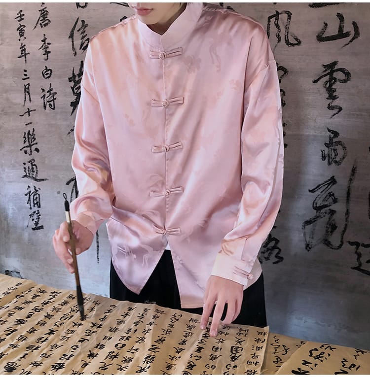 メンズのチャイナ風花柄プリントシャツ