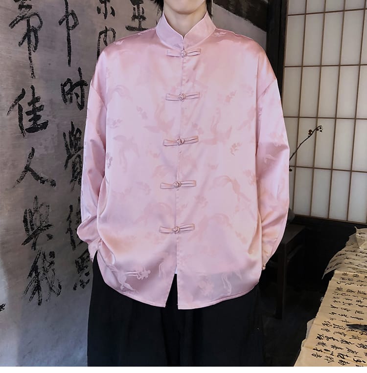 男性用のチャイナ風花柄プリントシャツ