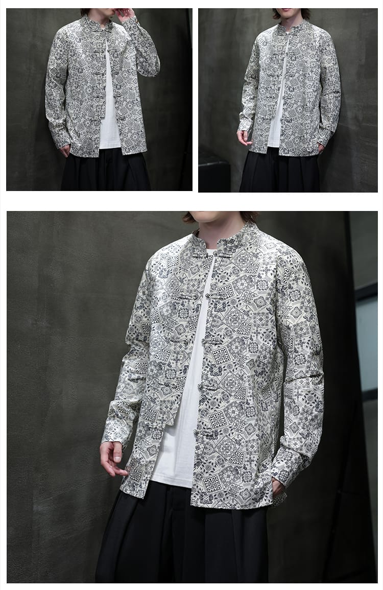 メンズのチャイナ風カジュアルプリントシャツ