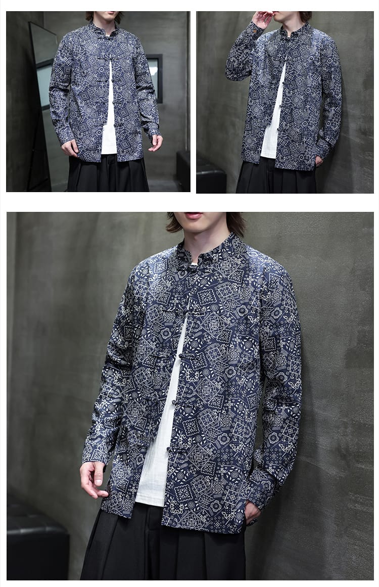 男性用のチャイナ風カジュアル羽織りシャツ