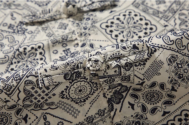 男性用のチャイナ風花柄プリントシャツ