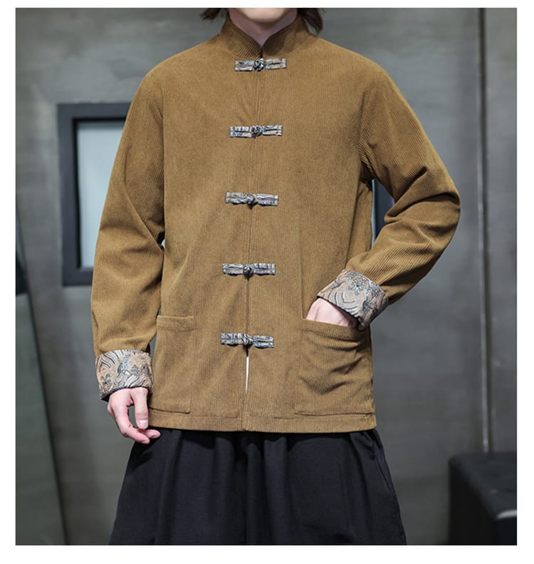 男性用のチャイナ風コーデュロイプリントジャケット