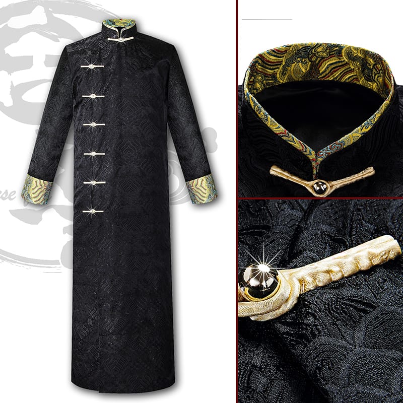 黒色の海水紋様サテン生地を使用した格調高いチャンパオ