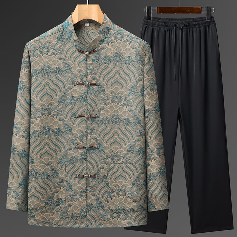 波と龍の柄が美しいジャカード織りのチャイナセットアップ