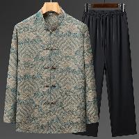 波と龍の柄が美しいチャイナ服のセットアップ。中高年の方へのギフトに最適なアイテム。