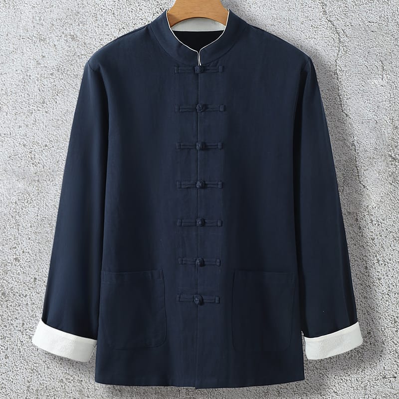 春秋向けの唐装ジャケット。襟元と袖口に白い縁取りがアクセント