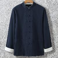 春秋向けの中国風唐装ジャケット。襟元と袖口に白い縁取りがアクセントです。