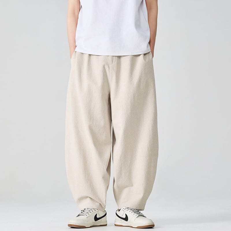 シンプルな無地デザインの中国風コットンリネン素材ワイドパンツ