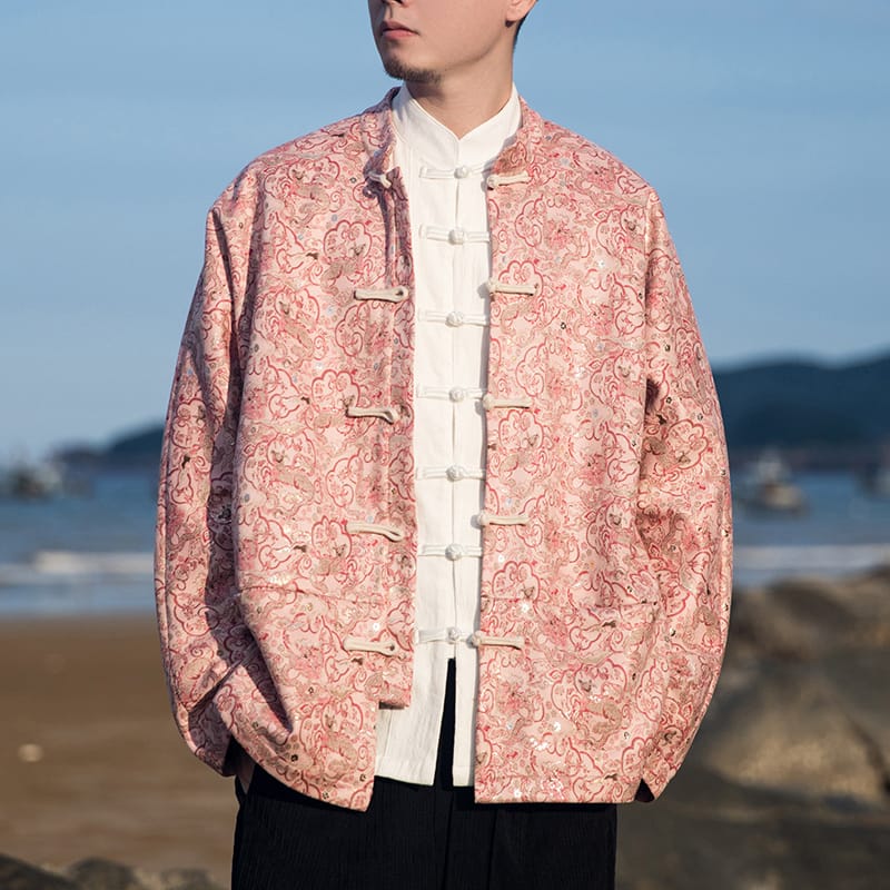 龍や花柄の総ジャカード織りのスタンドカラージャケット