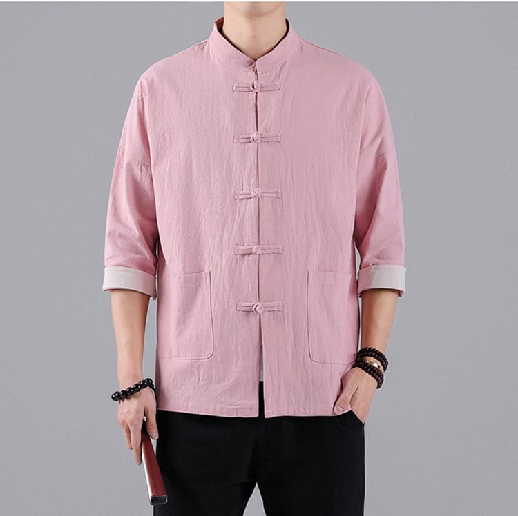 ピンクのチャイナ風7分袖カバーオール