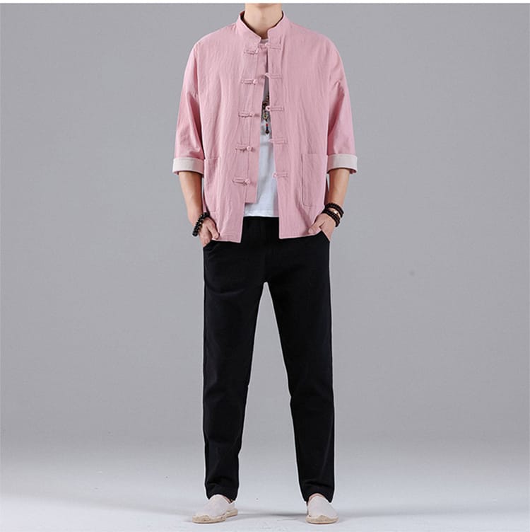 ピンクのメンズのチャイナシャツ