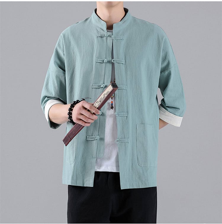 ライトグリーンの綿麻７分袖シャツジャケット