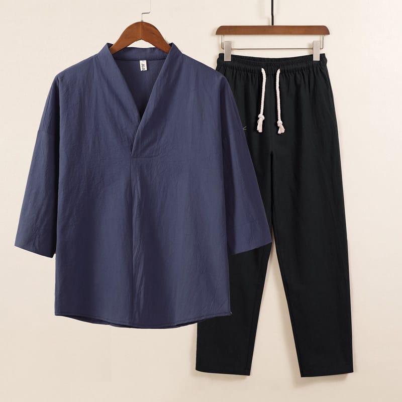 綿麻のV首セットアップ。整体などのユニフォームに最適