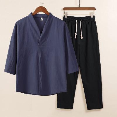 綿麻のV首セットアップ。整体などのユニフォームに最適