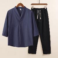 綿麻素材のV首セットアップ、整体などのユニフォームに最適です。