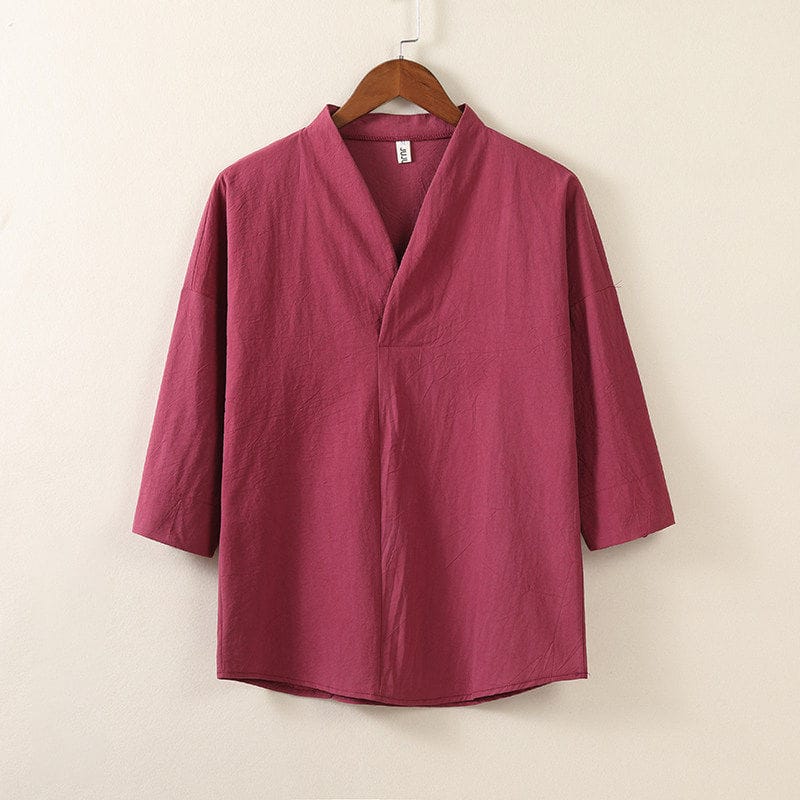 綿麻素材のシンプルなV首七分袖プルオーバー