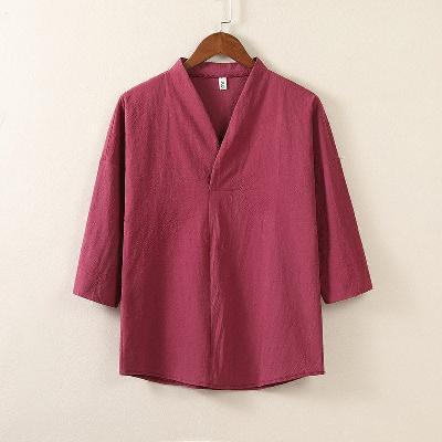 綿麻素材のシンプルなV首七分袖プルオーバー