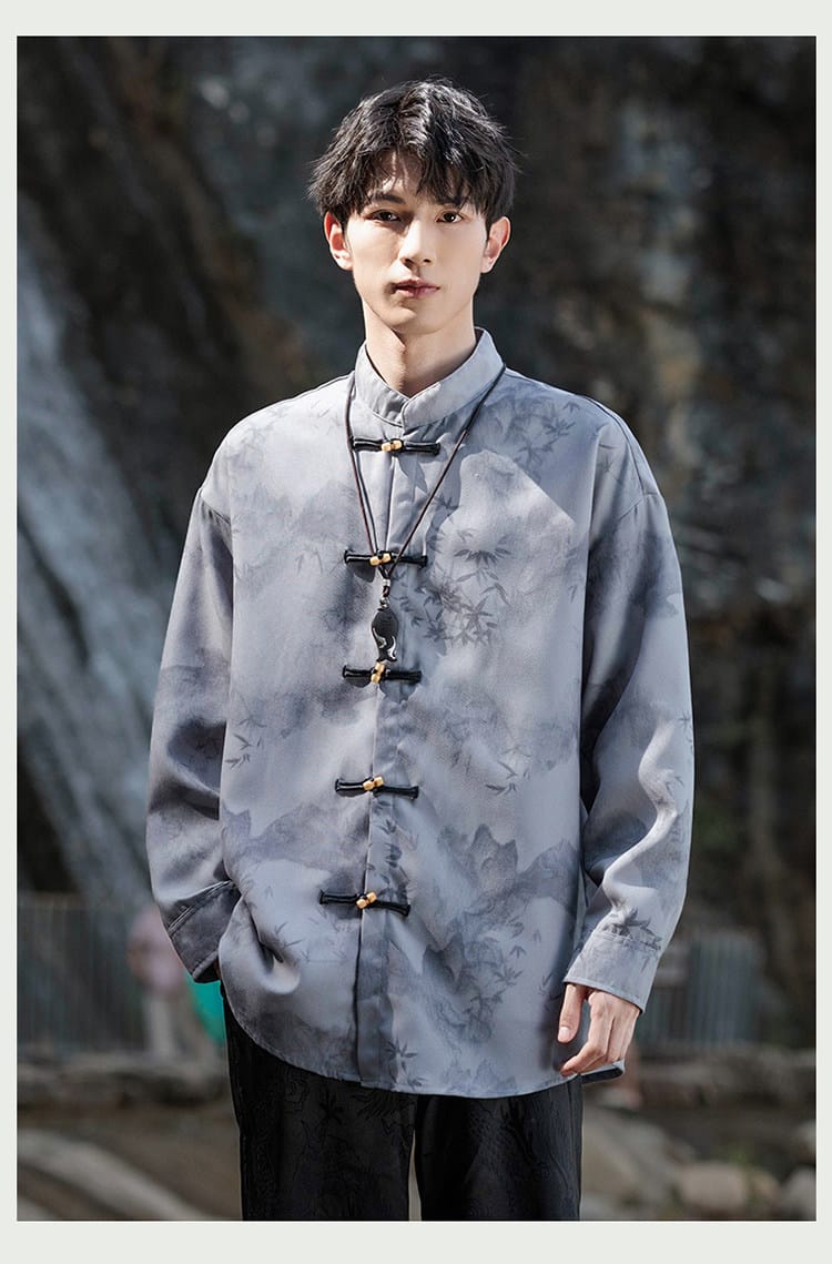男性用のチャイナ風山水柄プリントシャツ