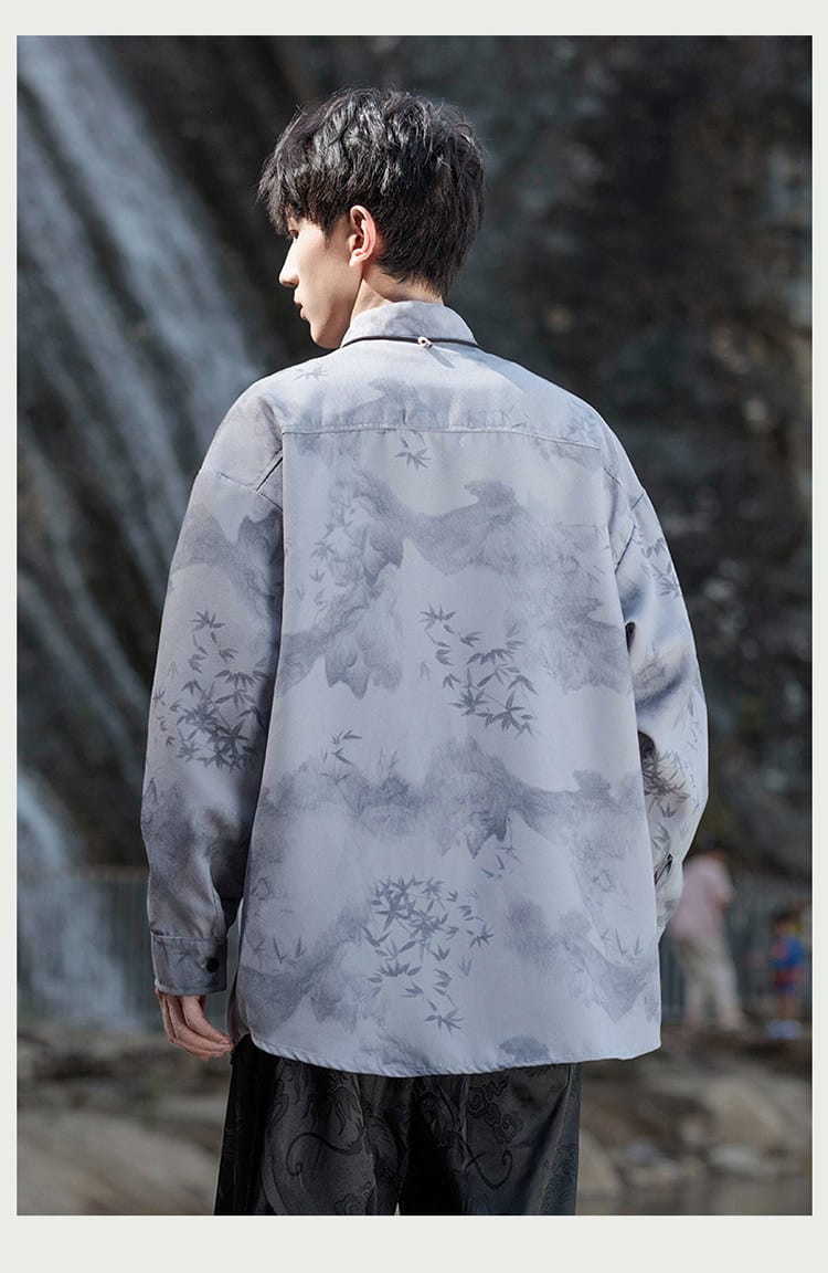 メンズのチャイナ風山水柄プリントシャツ