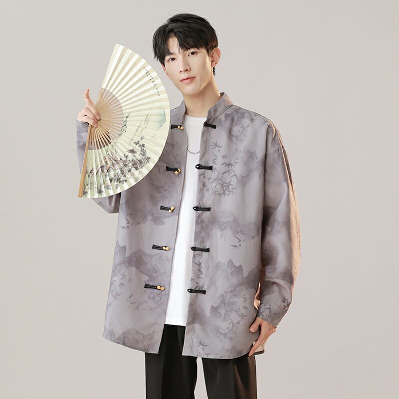 水墨画風の竹・山水柄が映えるモダンな中国風シャツ
