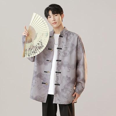 水墨画風の竹・山水柄が映えるモダンな中国風シャツ