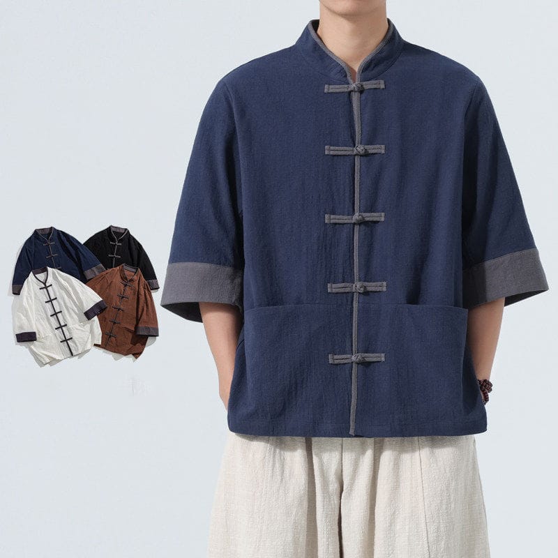 新中式スタイルの7分袖シャツ。春夏のカジュアルなアウター